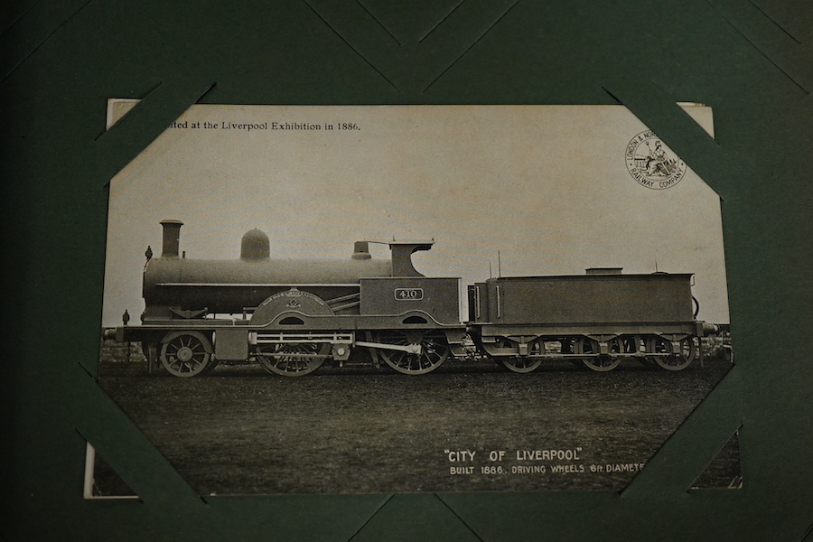 A postcard album containing approximately 160 early to mid 20th century railway related postcards, contained within an Edwardian postcard album, most are unused and unposted, most featuring locomotives and rolling stock,